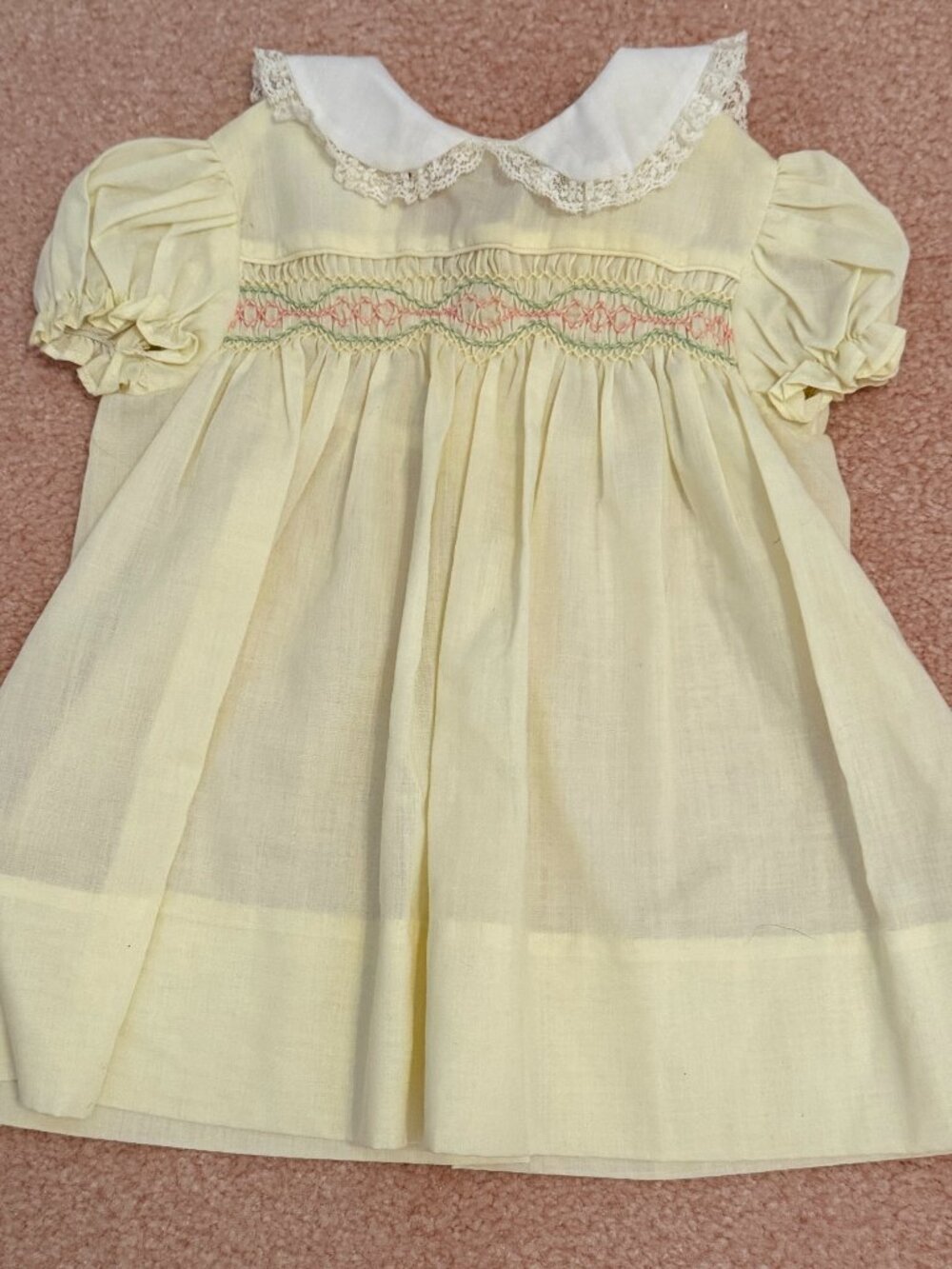 Vintage Polly Flinders Yellow Smocked Dress Lace Collar Edge Puff Sleeves 24M